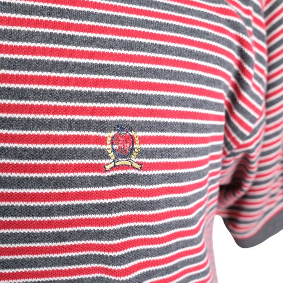 Vintage Tommy Hilfiger Polo Shirt Mens XL Red & Gray Striped Short Sleeve Crest - Picture 3 of 10